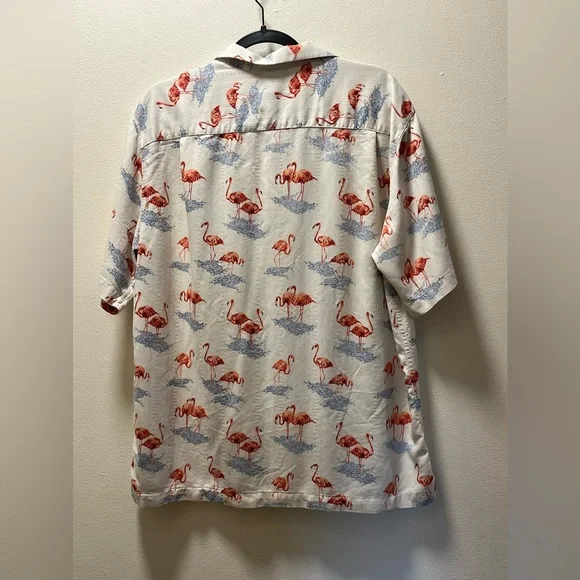 Caribbean Silk Blend Chic Coastal Shirt, Men’s L, White with Pink Flamingos - Picture 2 of 5
